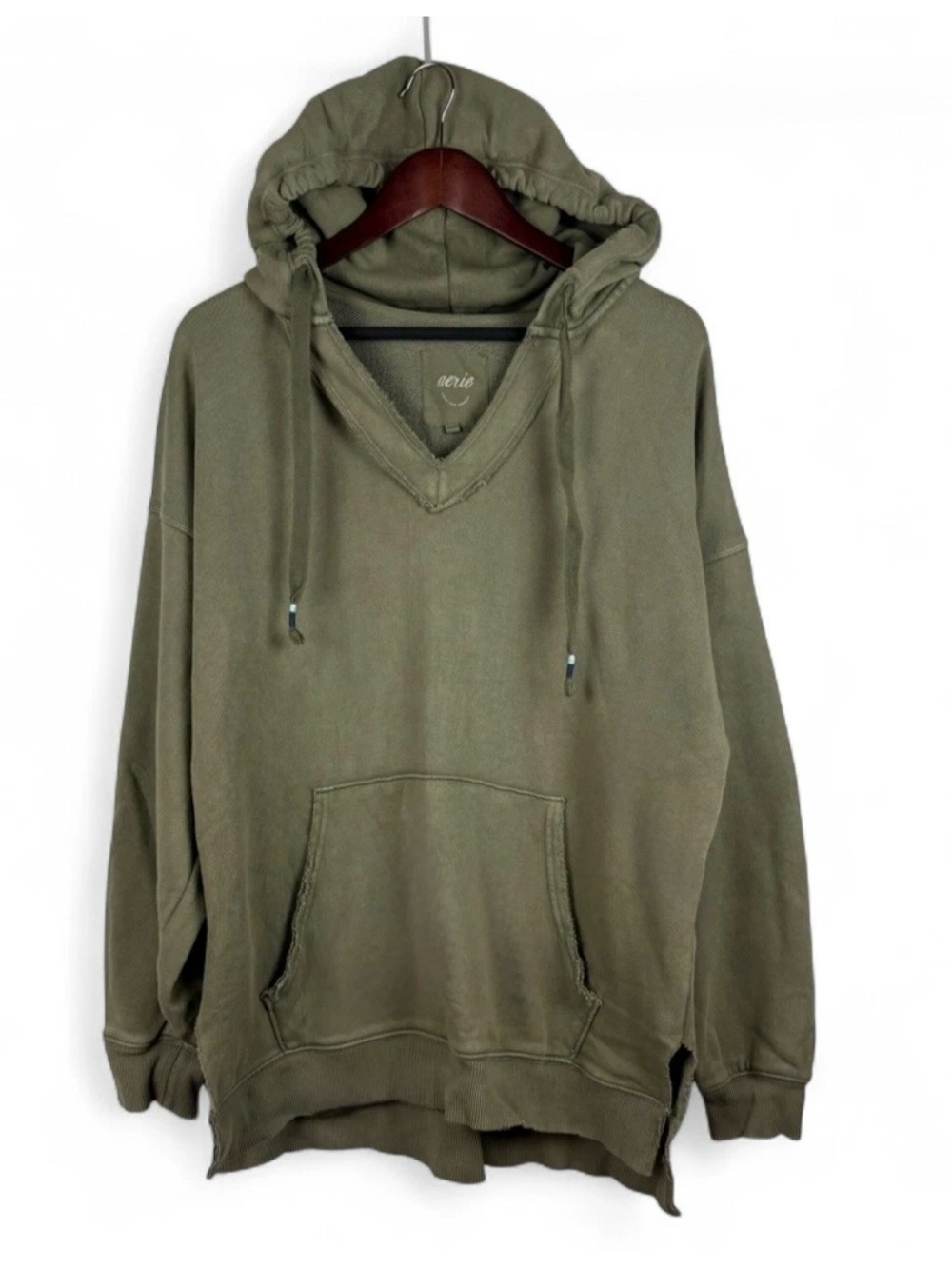 Aerie Barefoot Hoodie Oversized V Neck Green Sweatshirt Sweater Distressed XS